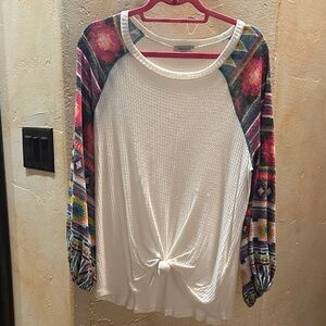 Umgee White Top with Multicolor Patterned Sleeves